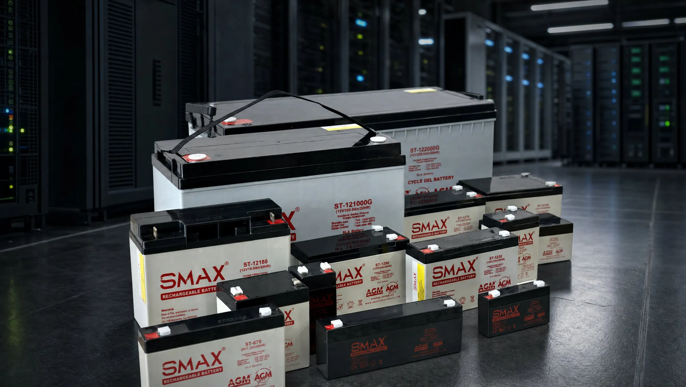 SMAX AGM and GEL battery line-up in a server room